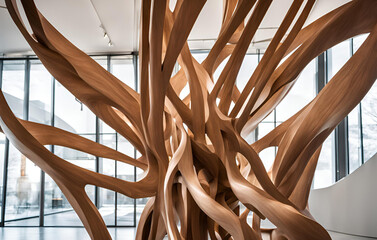 A staircase that has a tree on it, A tree made of wood is in the shape of a tree
