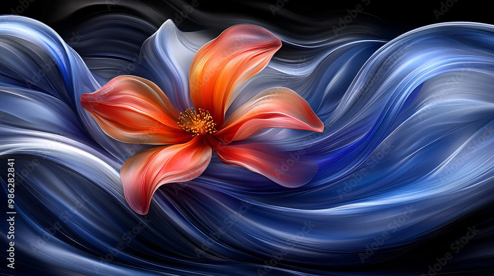 Poster vibrant flower emerges from flowing waves in an abstract design showcasing texture and color