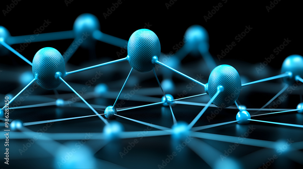 Poster abstract depiction of interconnected blue spheres and lines representing molecular structures in a d