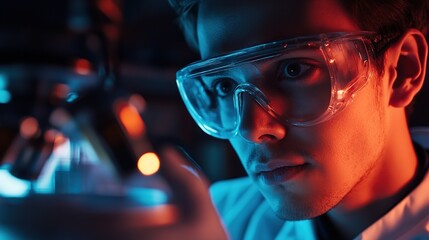 A focused young scientist examines a sample under a microscope, illuminated by vibrant blue and orange lights in a laboratory setting.