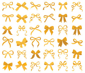 Vector Illustrations of gold vintage bow set. Bow for girly hair decor, flat icons. Ribbons isolated. Trendy girls accessories. Cute hairstyle elements collection.Simple handdrawn pink ribbon bow