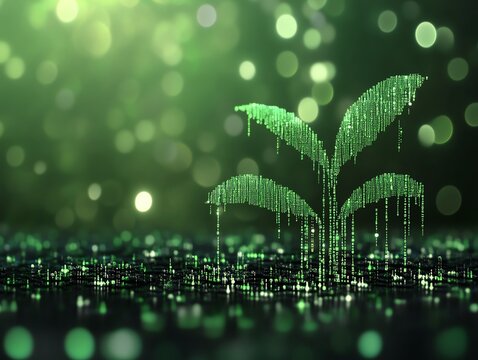 A digital plant in a green, glowing matrix background represents the intertwining of technology and nature in this captivating, futuristic stock photo.