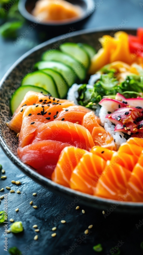 Wall mural delicious poke bowl is being served with fresh salmon, rice, and vegetables, making for a healthy an