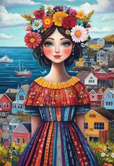 Obraz premium A Charming Painting of an Adorable Woman with Flowers in Her Hair, Wearing a Colorful Dress, Strolling Through a Picturesque Coastal Town by the Ocean.