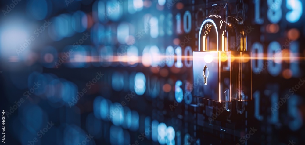Aufkleber A digital padlock symbolizing cybersecurity and data protection amid binary code backdrop. Perfect for tech-related themes.