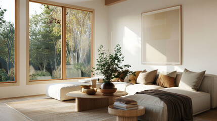 A cozy living room featuring mix of textures, natural light, and greenery. inviting space includes comfortable sofa, stylish decor, and warm atmosphere that promotes relaxation