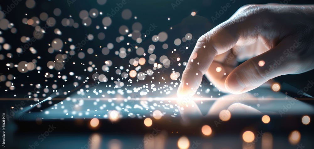 Poster a close-up of a hand tapping a tablet screen, surrounded by glowing sparks, illustrating technology 