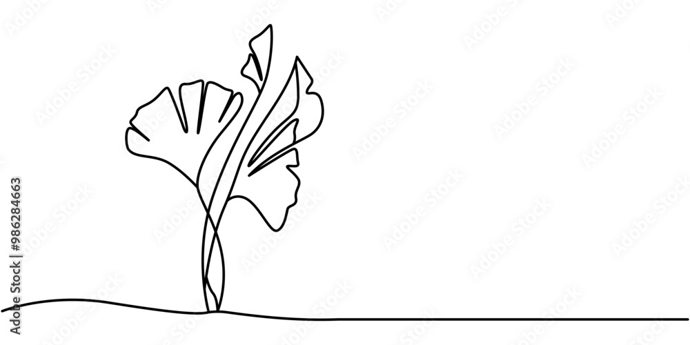 Poster ginkgo leaf continuous line drawing with editable stroke, ginkgo leaf with abstract blue shape. cont