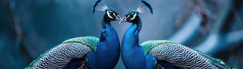 Two majestic peacocks facing each other, their long, iridescent feathers fanning out in a heart shape, rich and elegant colors