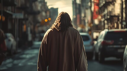 A person with long hair walks down a city street in the sunlight. Their back is facing the camera.