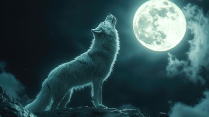 White wolf beneath the moon, howling into the night, evoking wild instincts and untamed nature.