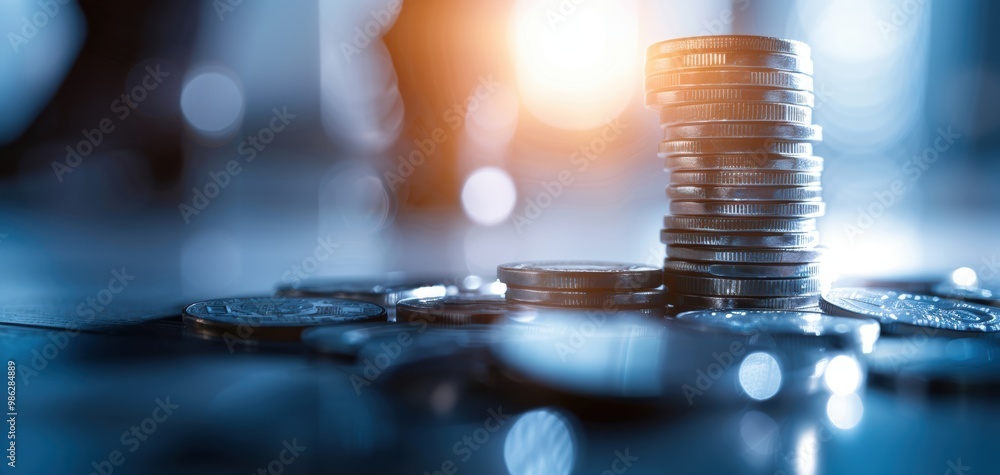 Fototapete Close-up view of stacked coins on a reflective surface, symbolizing wealth and financial growth in a modern setting.