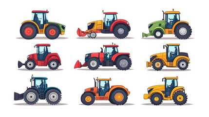 Fototapeta premium Set of vector illustrations, simple flat design cartoon-style illustrations of different tractors and farm equipment, white background, colorful, minimalistic, high resolution