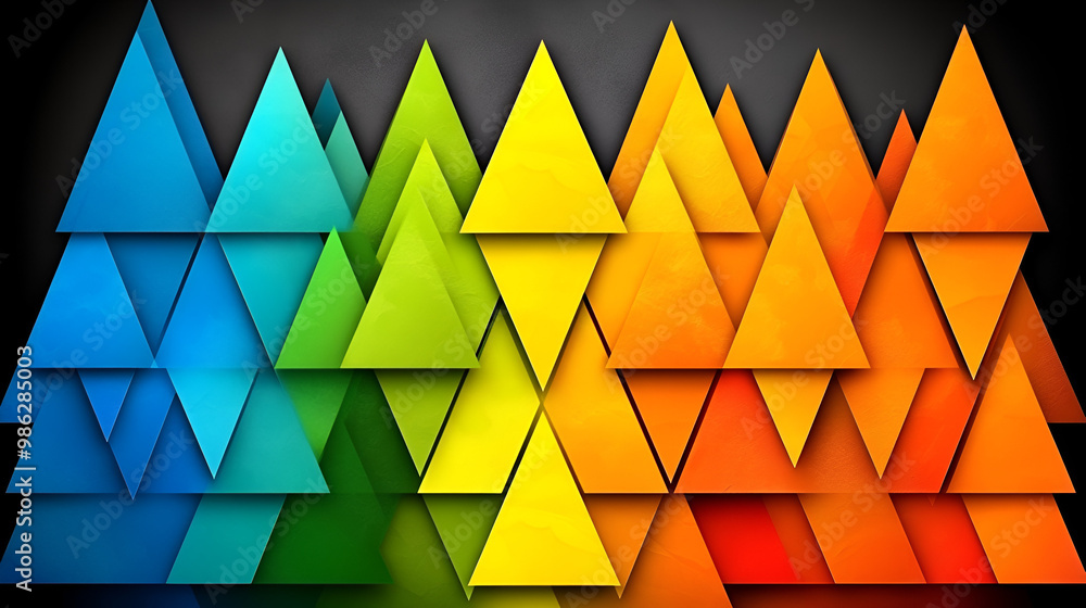 Poster Colorful geometric patterns formed by overlapping triangular shapes arranged in a vibrant display on a dark background