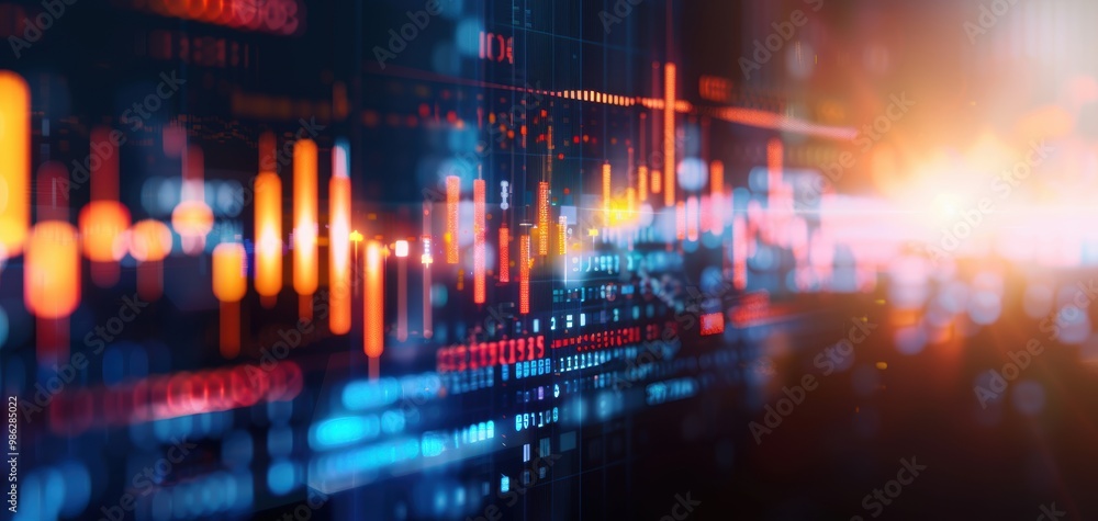 Poster Vibrant digital data visualization with glowing lines and bars illustrating modern technology and analytics.