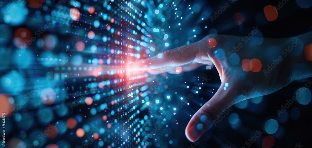 Poster A futuristic concept showing a hand reaching out towards glowing digital particles, symbolizing connection and technology.
