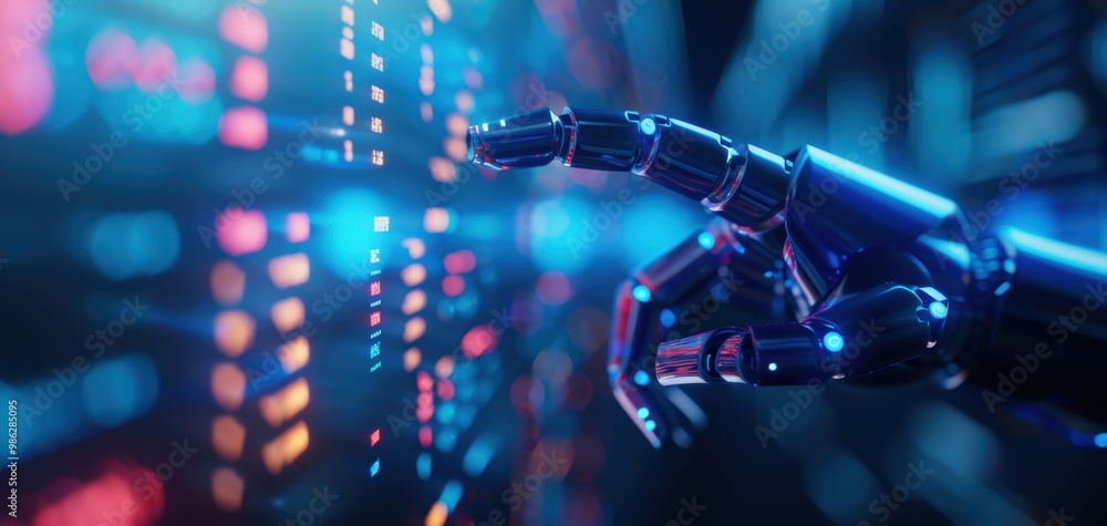 Poster A close-up view of a robotic hand interacting with digital data in a high-tech environment, showcasing advanced technology and innovation.