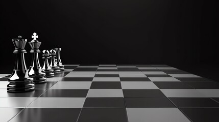 Monochrome image of a chess board with chess pieces, symbolizing strategy and competition in a minimalist design. Perfect for business concepts.