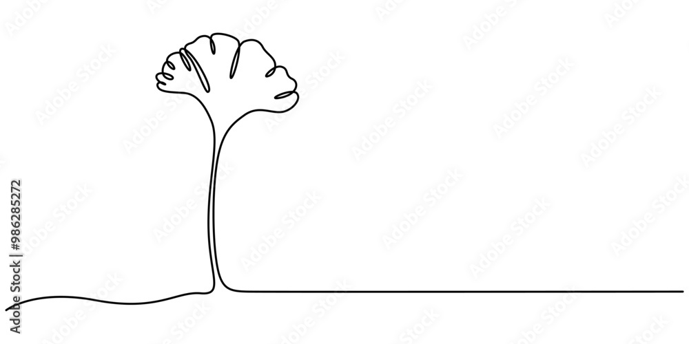 Poster ginkgo leaf continuous line drawing with editable stroke, ginkgo leaf with abstract blue shape. cont