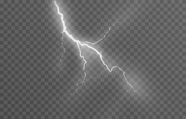 Lightning on an isolated transparent background. Flash of light, lightning png. Thunderstorm, natural phenomenon. Effect lightning png. Vector illustration.
