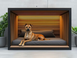Modern dog kennel with clean lines and outdoor lounge area, stylish doghouse, functional pet space