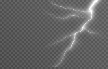 Lightning on an isolated transparent background. Flash of light, lightning png. Thunderstorm, natural phenomenon. Effect lightning png. Vector illustration.
