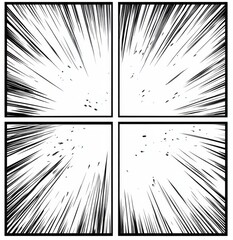 Obraz premium Simple Blank Comic Book Panel Layout in Anime Style Featuring Four Squares with Speed Lines from Center to Corner on a White Background.