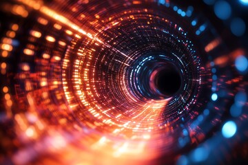 Obraz premium 6 A photo of a swirling vortex of light particles forming a tunnel, symbolizing the convergence of digital data streams