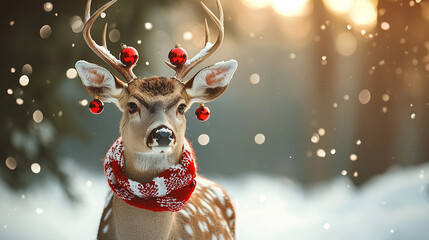 A graceful deer with impressive antlers, festively decorated with a scarf and red Christmas ornaments, stands in the snow against a serene winter landscape.