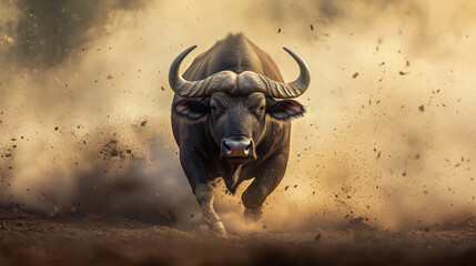 Buffalo charging towards the camera, Buffalo run, Buffalo attack