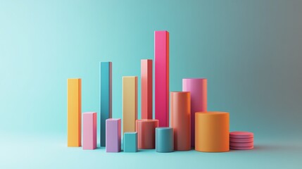 Colorful 3D bar graph and cylinder shapes on a blue background, representing data visualization, analytics, and statistical information.