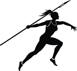 Woman javelin thrower silhouette, vector drawing illustration on black and white.