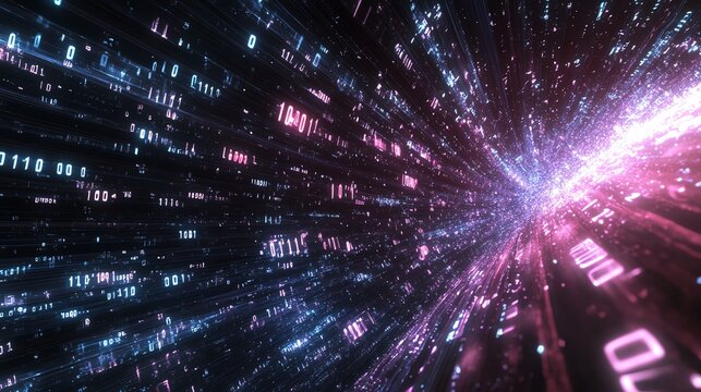 Futuristic digital tunnel with glowing binary code in blue and pink, representing fast data transfer and technology.