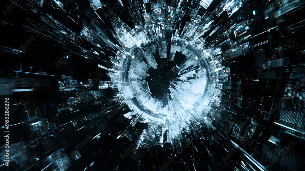 Aufkleber dynamic abstract visualization of a futuristic cityscape glowing in black and white during a digital