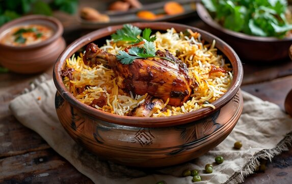 Biryani with chicken and rice in a clay pot.