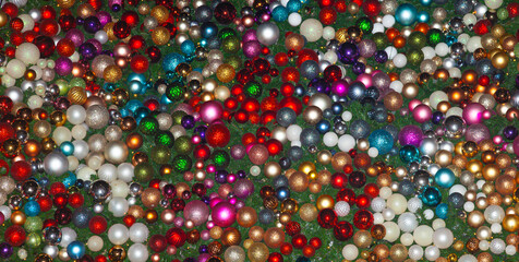 Background of Christmas toys on an artificial Christmas tree, close-up.