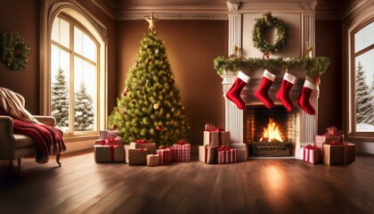 chrismas A cozy fireplace with stockings hung up