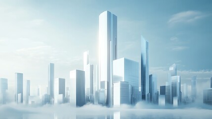 Fototapeta premium Futuristic cityscape with white tall skyscrapers emerging through the clouds against a bright blue sky, showcasing modern architecture.