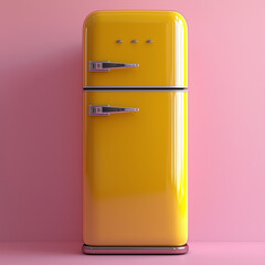 Retro yellow refrigerator against pink wall, minimalist style.  
