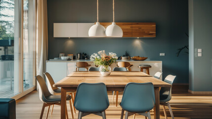 A simple yet stylish dining area featuring wooden table surrounded by modern chairs. warm lighting and minimalist decor create cozy atmosphere perfect for gatherings