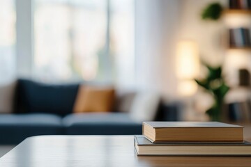 Workspace tabletop with books and copy space in front of blurred living room background with generative ai