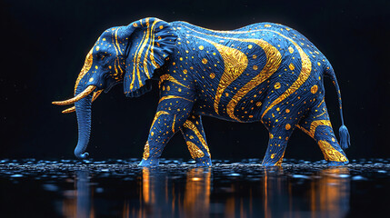 Fototapeta premium Blue neon elephant with glowing lights walking in the dark. 