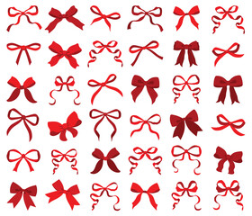 Vector Illustrations of red vintage bow set. Bow for girly hair decor, flat icons. Ribbons isolated. Trendy girls accessories. Cute hairstyle elements collection.Simple handdrawn pink ribbon bow