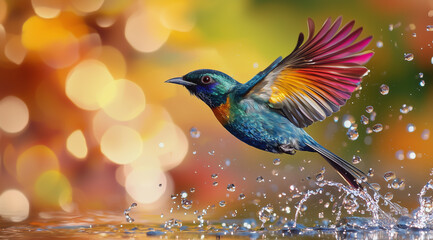 Fototapeta premium Colorful bird in flight splashing water with vibrant background bokeh. 