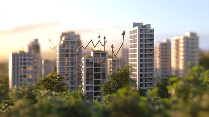 Modern urban buildings with a financial growth chart overlaying, displaying economic progress in a cityscape environment.