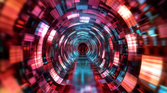9 A kaleidoscopic tunnel of shifting, abstract patterns, symbolizing the immersive world of digital innovation