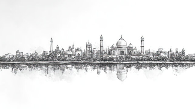 Karnal, India, black and white pen pencil hand-drawn effect drawing illustration for travel poster, card, wallpaper, backdrop or banner. Modern, clear, artistic and simple