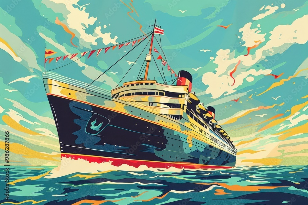 Poster a large ship is sailing in the ocean with a red stripe on the side
