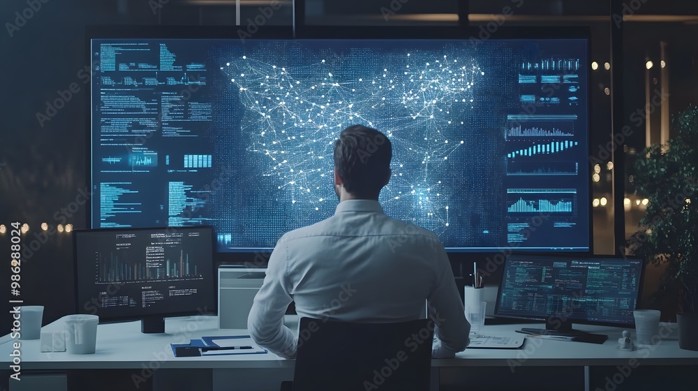 Poster man looking at data visualization on large monitor in dark office