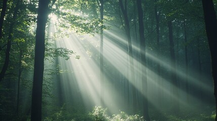Sunlight Streaming Through Foggy Forest